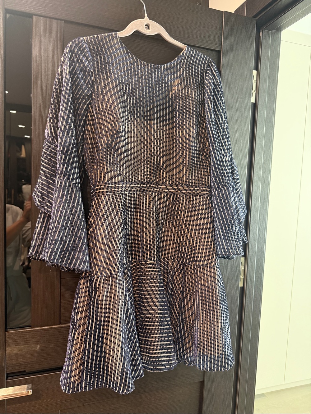 BCBGMaxAzria Navy and Cream Patterned Tiered Midi Dress